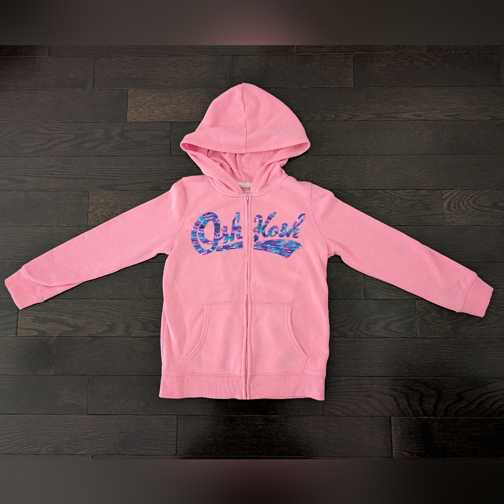 sz:8 LIKE NEW Oshkosh Girls, Pink Full-zip sweatshirt hoodie, Sequins Medium